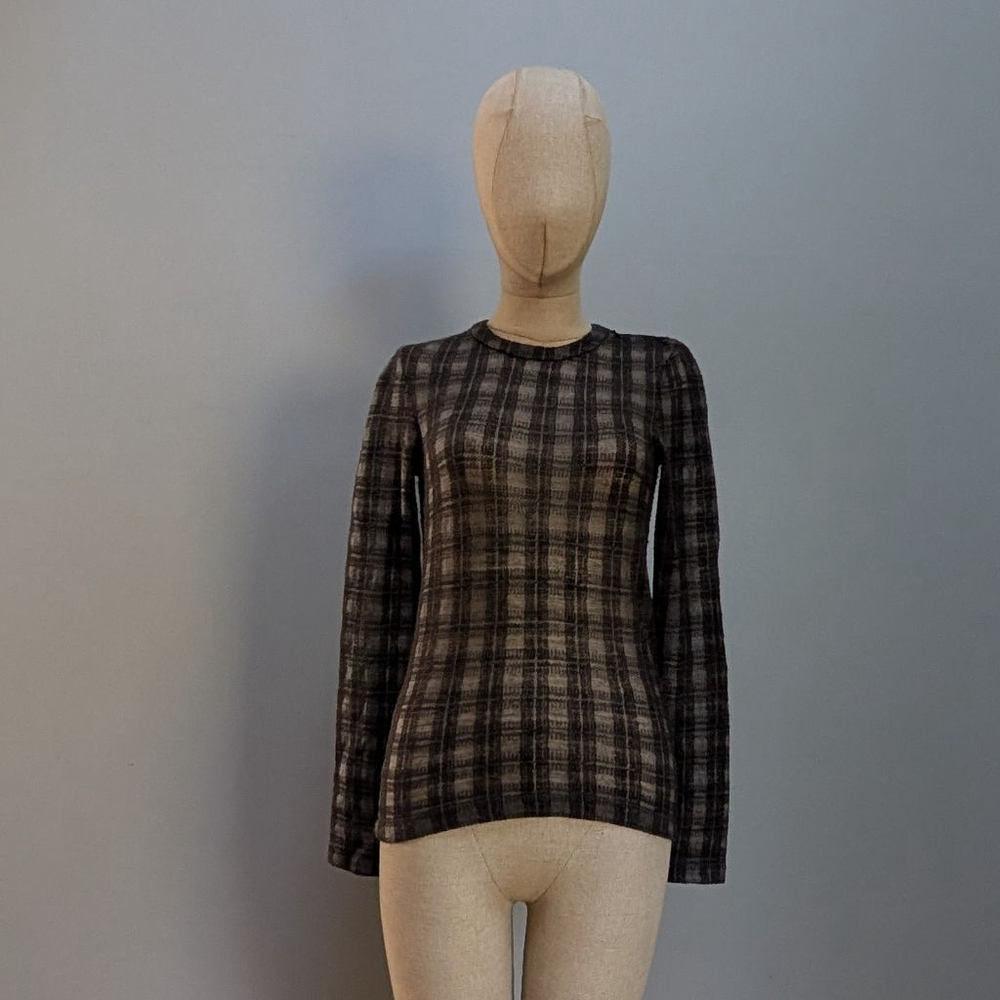 Elleme Brown Plaid Long Sleeve Semi Sheer Wool Blend Sweater - Picture 2 of 10